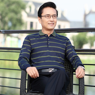 春秋季长袖T恤男中老年人翻领纯棉薄款爸爸春装宽松上衣服POLO衫