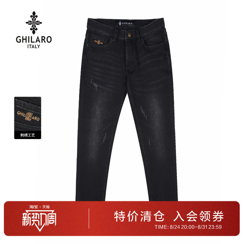 古劳吉那诺中腰微弹黑色牛仔裤男图片