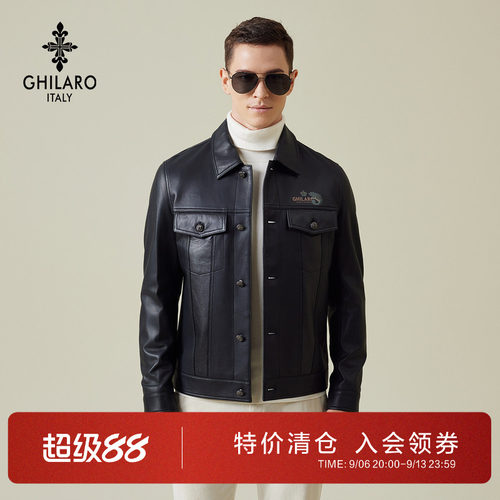 吉那诺绵羊皮翻领多袋真皮皮衣男