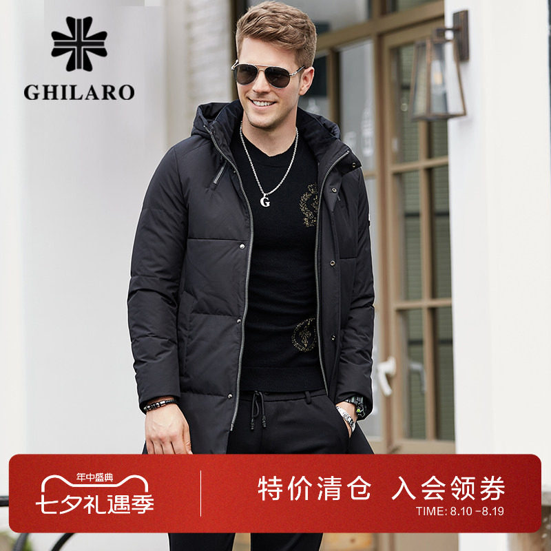 男士中长款连帽羽绒服外套