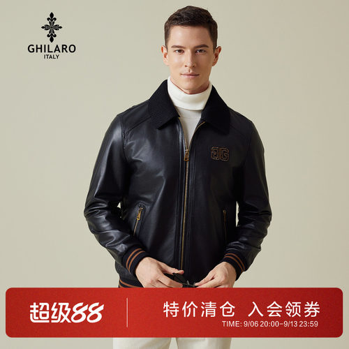 吉那诺牛皮革针织翻领真皮外套男