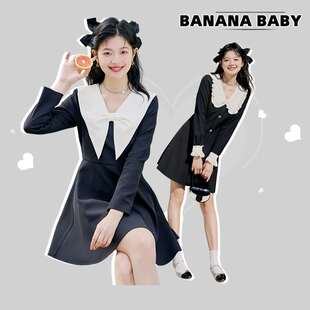 BANANA BABY法式 复古蝴蝶结领女简约通勤娃娃领连衣裙