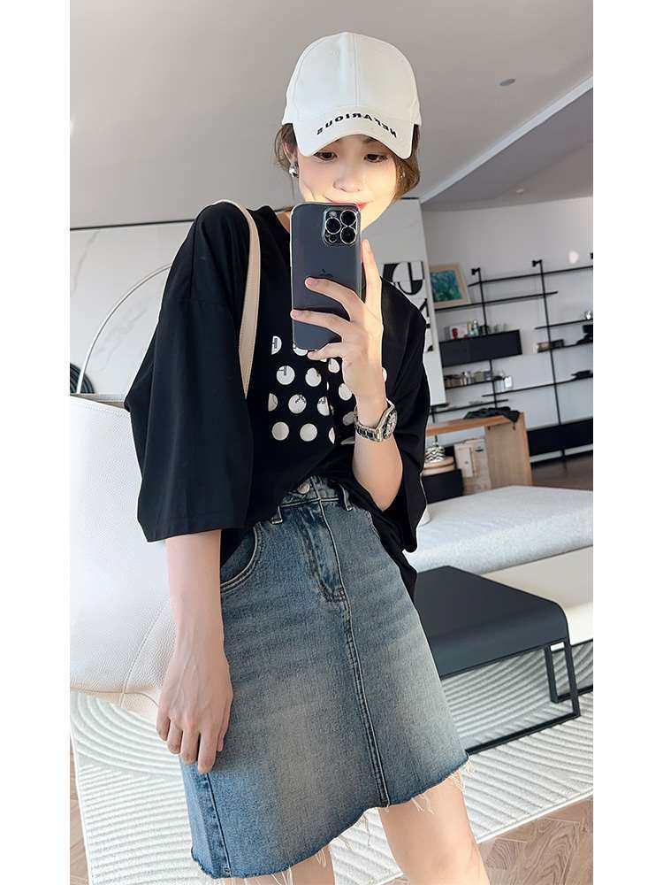 美洋meiyang【现货】斐济岛牛仔短裙 清新时髦高腰毛边a字半身裙