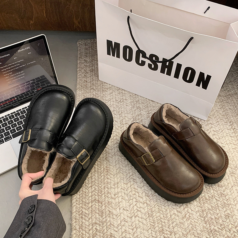 Miss Smile毛毛鞋女外穿2024新款秋冬季厚底小皮鞋加绒保暖雪地靴