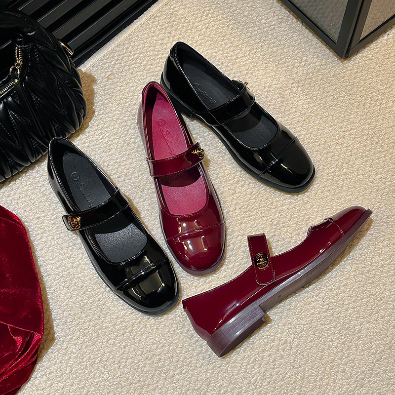 Miss Smile真皮葡萄妈udio经典圆头一字带低粗跟玛丽珍单鞋小皮鞋