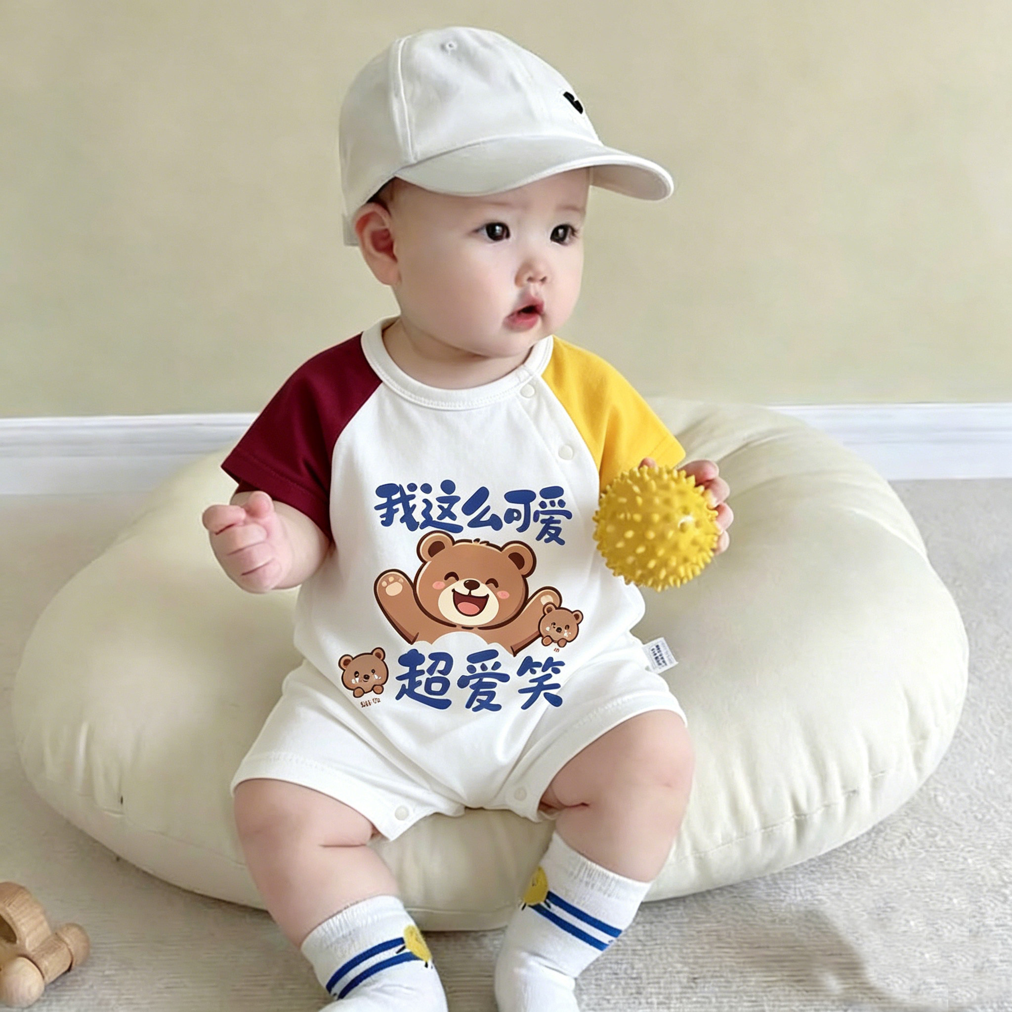 夏季婴幼儿拼色小熊连体衣男女宝宝透气短袖哈衣洋气外出居家爬服