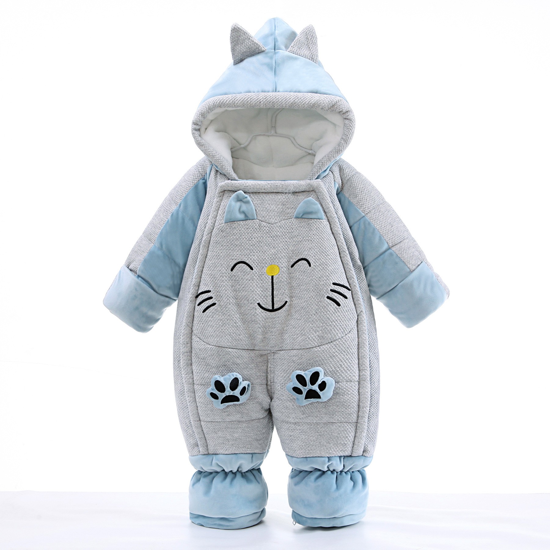 婴儿连体衣冬季保暖加绒包脚连帽