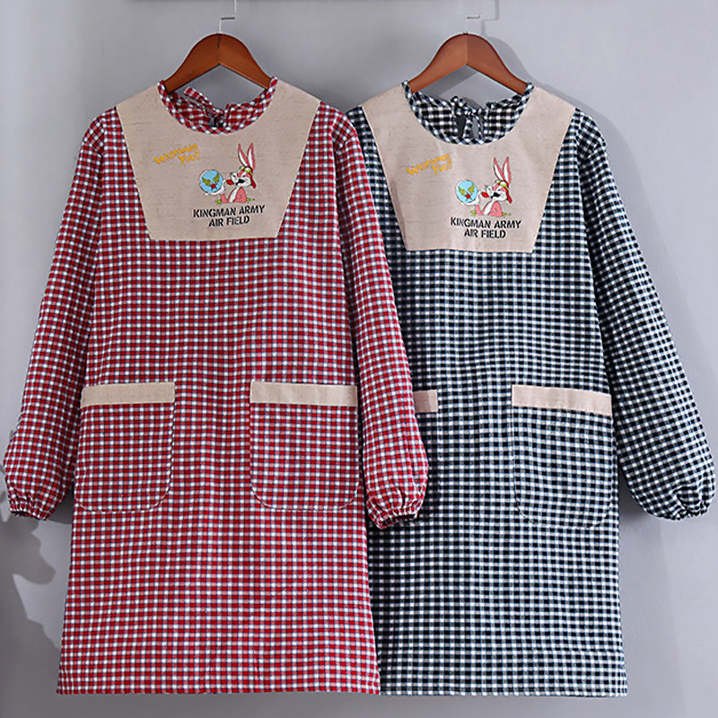 纯棉格子棉布家用厨房做饭长袖加厚围裙女男工作外套罩衣穿的衣服