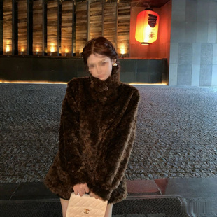 富人区4.0新款羊羔毛立领外套女长款皮毛一体加厚仿皮草毛毛大衣