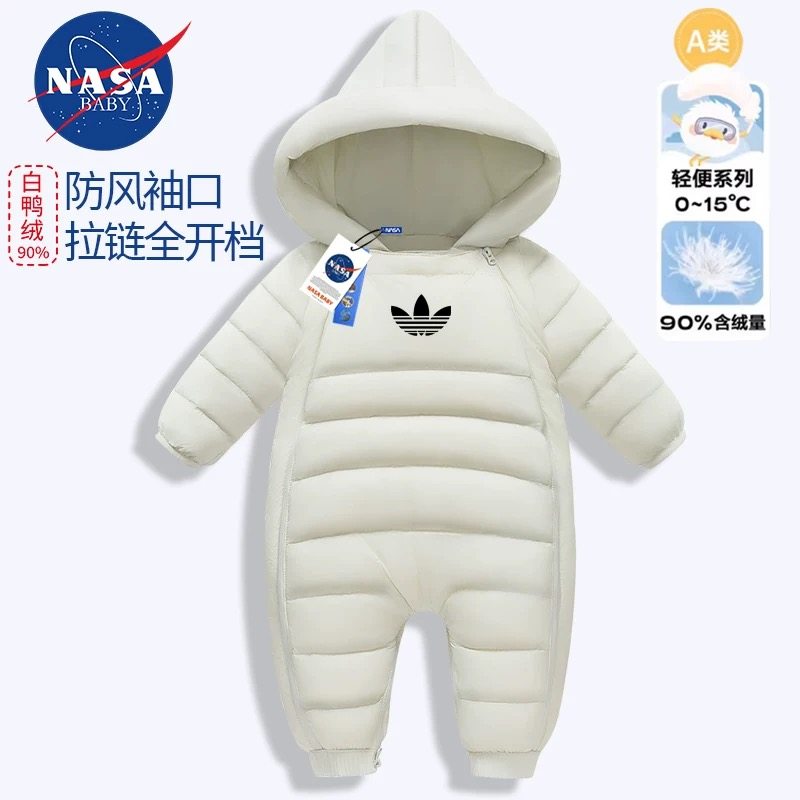 NASA白色婴儿冬季鸭绒保暖羽绒服AD新生儿a类白鸭绒连体衣过年服