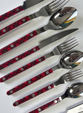 新款 法国进口Sabre Paris刀叉勺红白格子圣诞限定套装西餐餐具