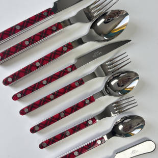 新款 法国进口Sabre Paris刀叉勺红白格子圣诞限定套装西餐餐具