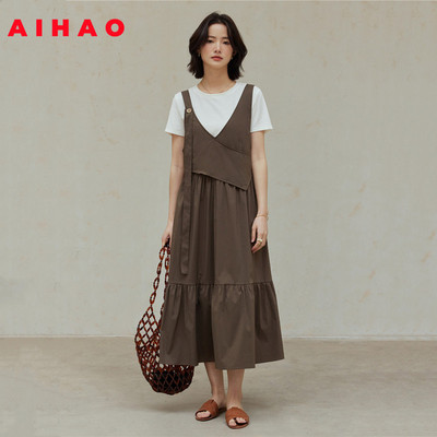 白色短袖T恤背带连衣裙两件套装