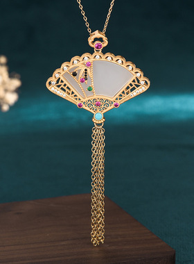 2025秋冬季新国潮中国风旗袍饰品颈链仿和田玉宫廷团扇流苏项链女