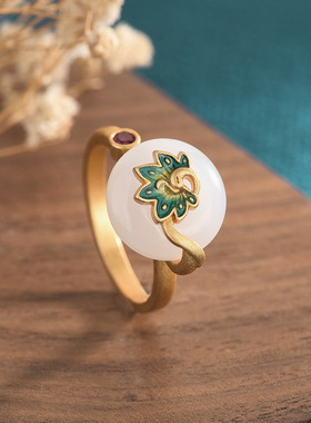 网红同款指环珐琅工艺和田玉戒指复古风中国风旗袍汉服宫廷手饰品