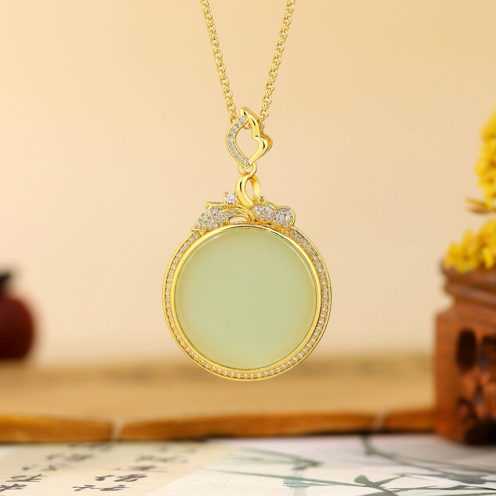 不易掉色新中式仿玉石五福临门无事牌几何吊坠个性简约高级感项链