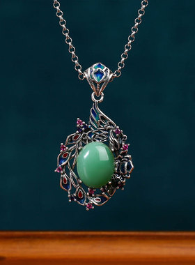 原创设计中国风仿玉石吊坠泰银做旧饰品珐琅彩凤凰于飞复古风项链