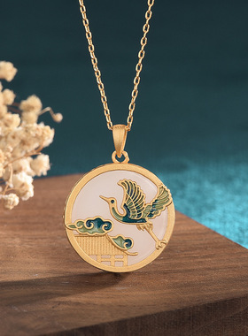 中国风复古典旗袍汉服配饰冷珐琅烤漆镶嵌仿和田玉赫赫有名女项链