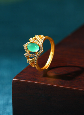 开口可调节戒指环中国风古法镀金天然玉髓玛瑙皇冠环旅游景点热卖