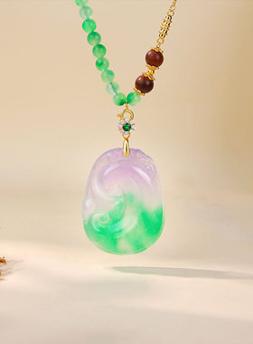 亚马逊热销仿春彩翡翠飘花如意项链国风缅甸a货男女款玉佩毛衣链