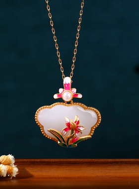 中国风冷珐琅工艺花开富贵如意长命锁仿和田玉古风项链女旗袍饰品