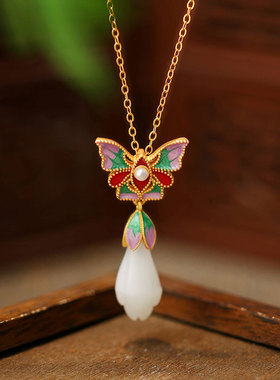 新中式国潮珐琅蝴蝶宫廷汉服旗袍轻奢小众锁骨链配饰高级感颈链