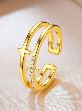 欧美女士十字双层戒指小众设计ins冷淡风时尚百搭不掉色开口指环