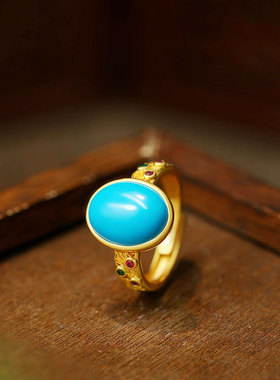 古法镀金工艺持久保色人造松石戒指复古活口调节精美古风新中式