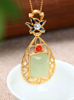 国潮汉服配饰镀金工艺国潮仿和田玉如意复古项链锁骨链母亲节礼物