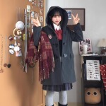 原野高/初町野jk外套女加厚连帽灰色牛角扣大衣秋冬夹棉中长款