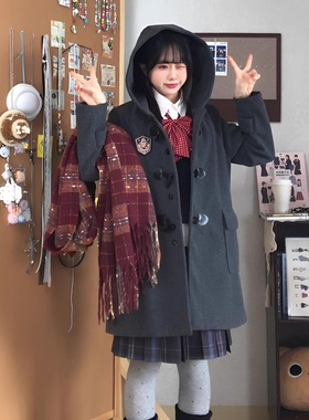 原野高/初町野jk外套女加厚连帽灰色牛角扣大衣秋冬夹棉中长款