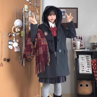 原野高/初町野jk外套女加厚连帽灰色牛角扣大衣秋冬夹棉中长款