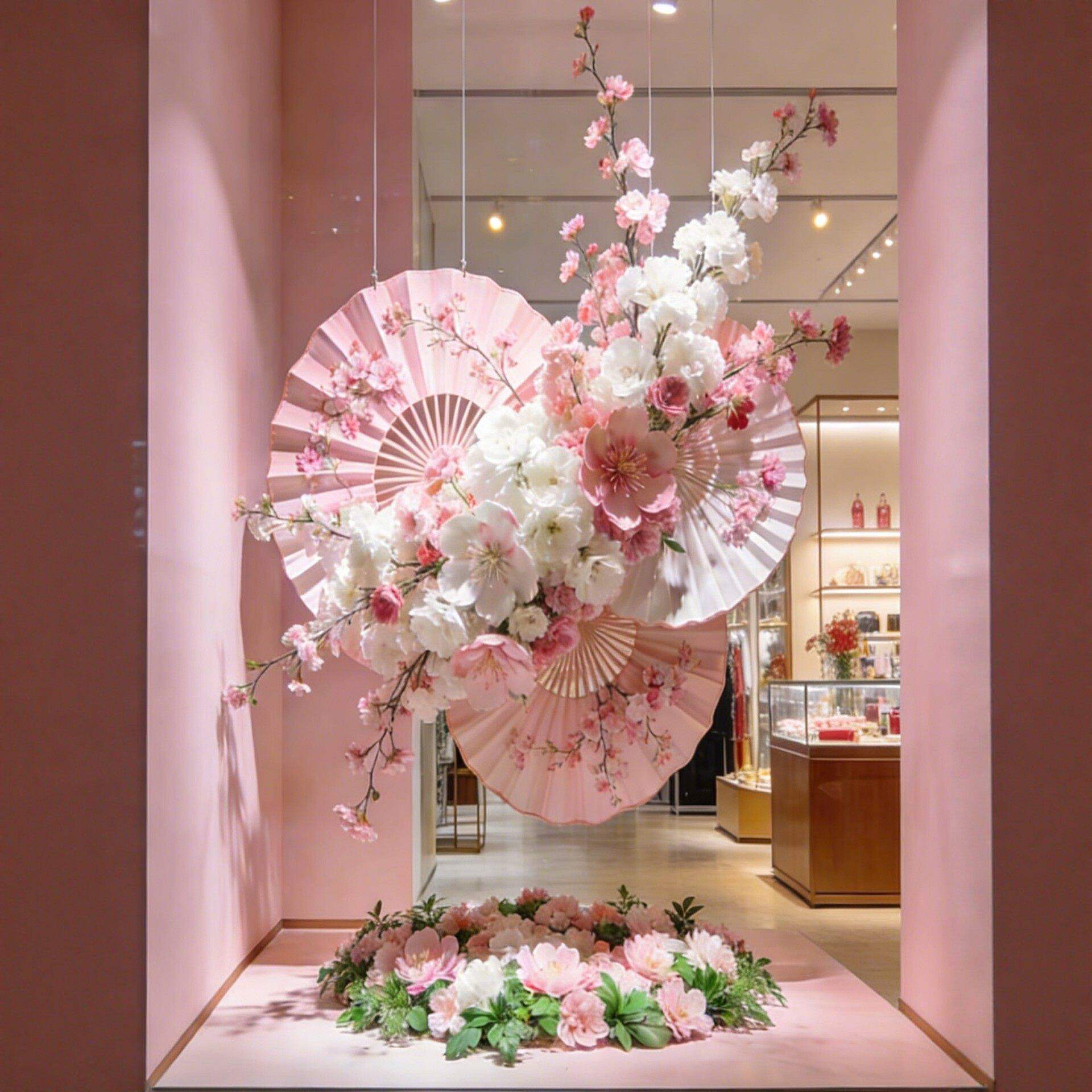 仿真花粉色樱花花艺春天氛围布置装饰国风橱窗扇子花假花摆设造景