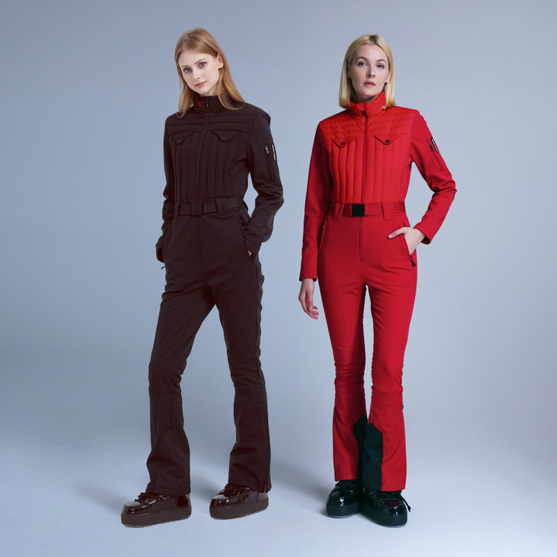 PM女士运动户外立领保暖加绒修身防水羽绒连体滑雪服