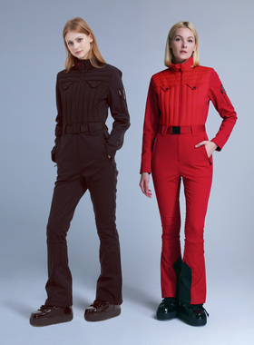 PM女士运动户外立领保暖加绒修身防水羽绒连体滑雪服