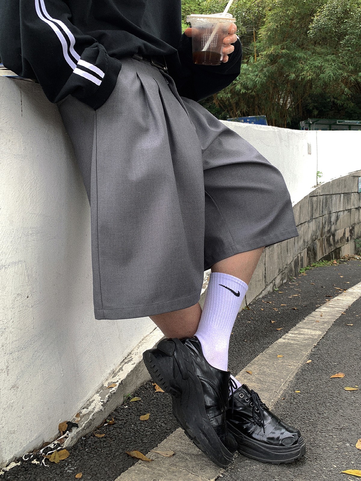 thumbnail for Japanese youthful gray suit shorts, men's summer solid color silhouette, loose casual collegiate style over the knee cropped pants