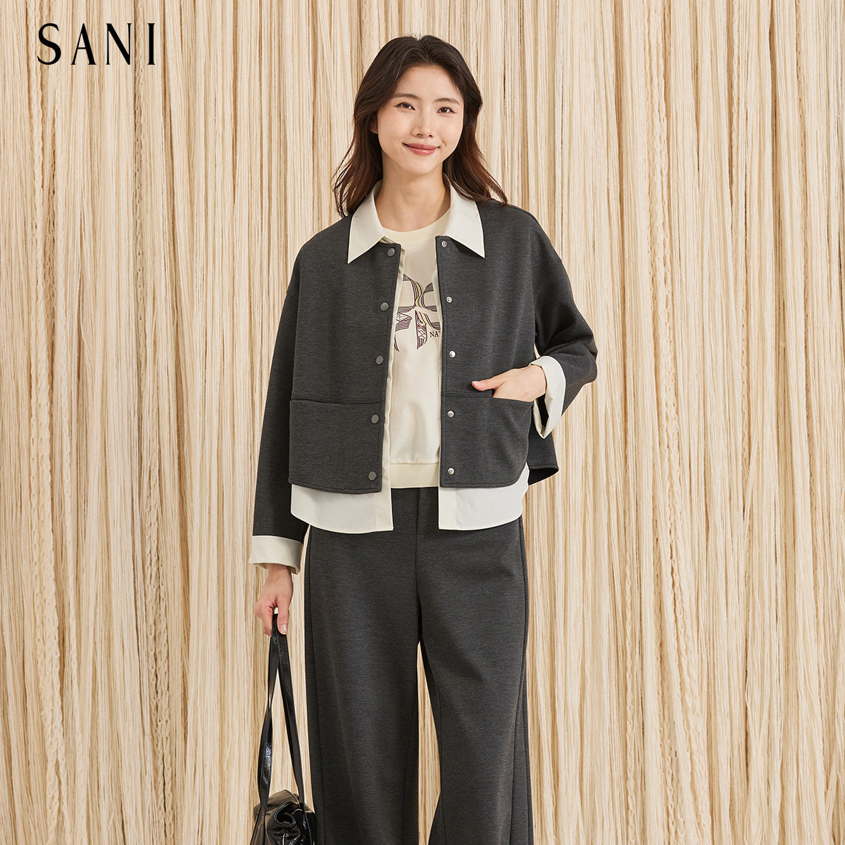 SANI【商场同款】2026年秋季新款撞色假两件夹克短外套女秋冬百搭