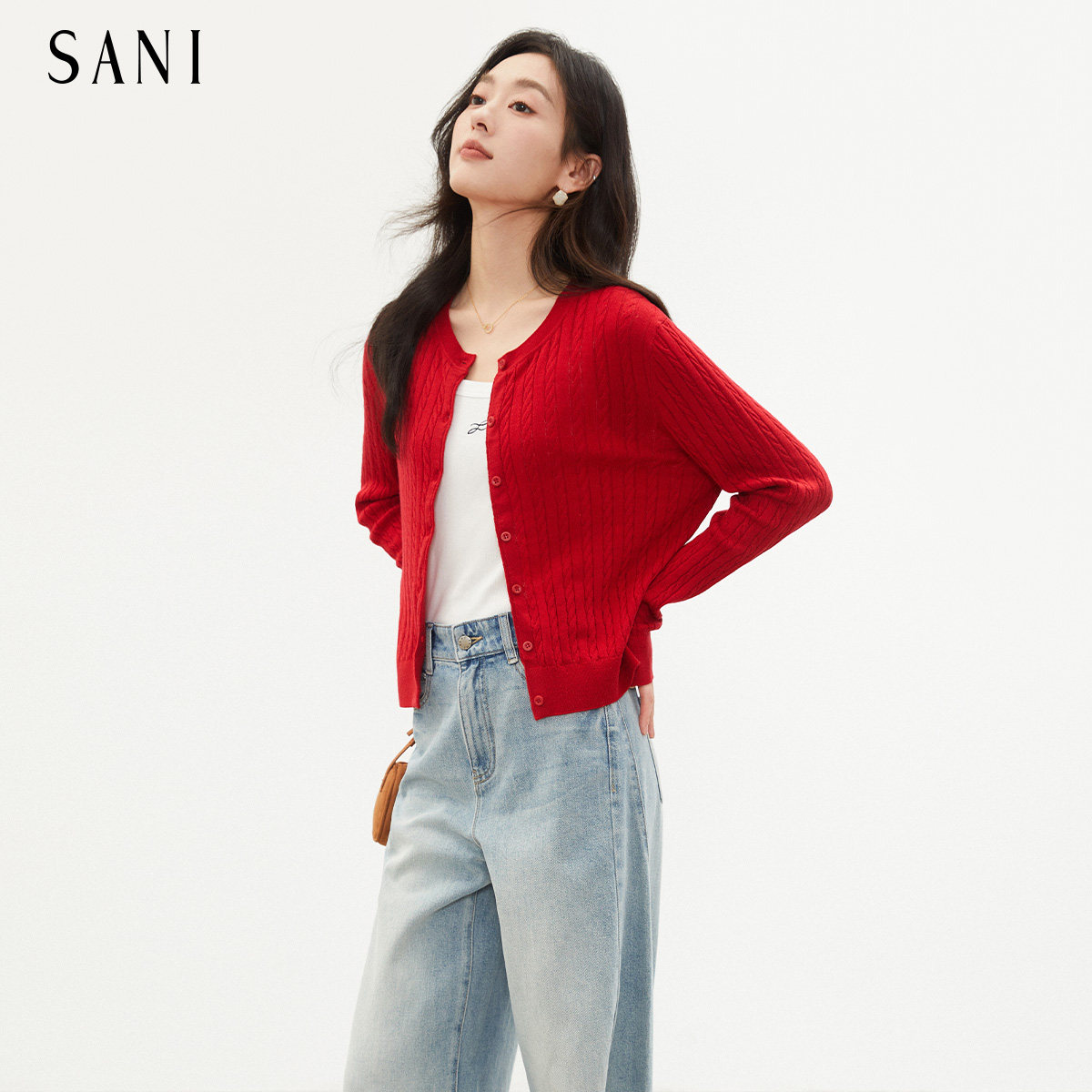 sani商场同款羊毛针织开衫外套秋季2026年新款优雅修身毛衣女上衣
