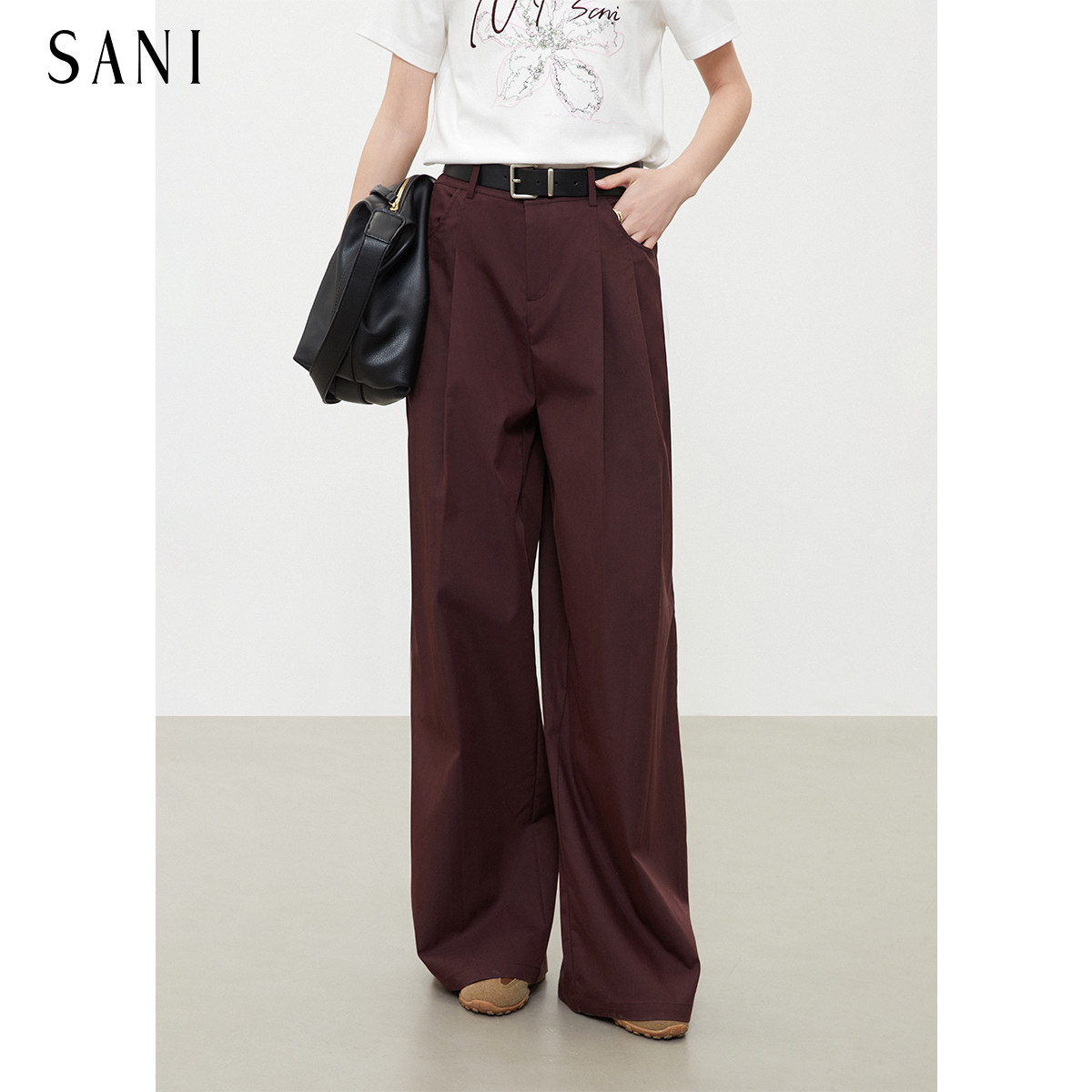 SANI商场同款气质通勤紫红色休闲裤女春季新款宽松阔腿直筒长裤子
