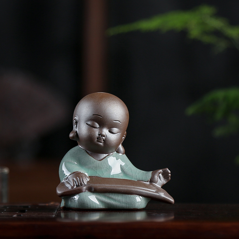 茶宠花宠哥窑开片小和尚沙弥勒佛琴棋书摆件可养创意茶具配件
