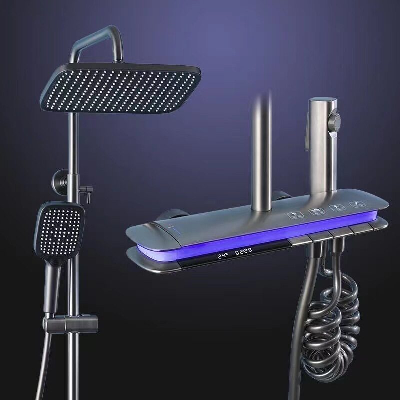 恒温花洒套装枪灰色钢琴键全铜智能卫生间淋浴数显家用冷热氛围