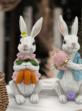 跨境复活节兔子抱萝卜举蛋创意摆件树脂工艺品动物家居桌面