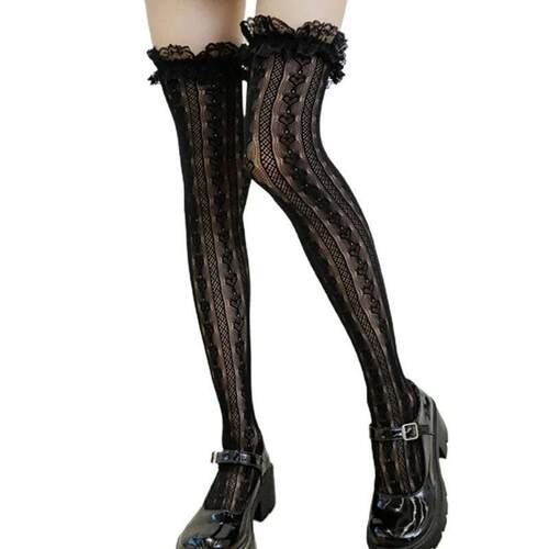 Women Lolita Fishnet Thigh High Socks Style Heart Striped La