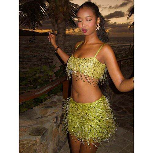 Sexy Sequins Tassel Skirt Sets Women Sling Crop Tops Hip Pac