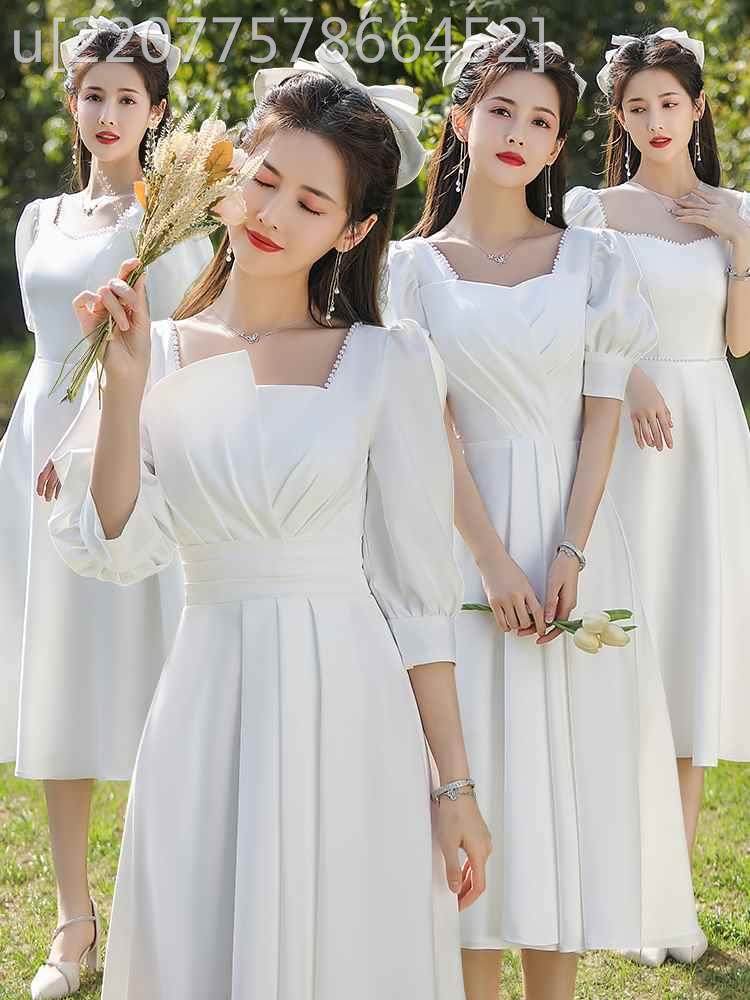 轻婚纱日常可穿领证登记小白裙法式订婚连衣裙白色缎面礼服出门纱