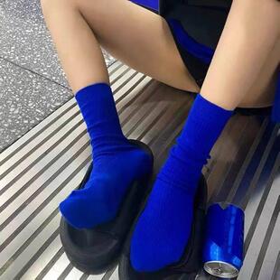 Klein Blue Women Crew Socks KoreanRetro Style Casual Street