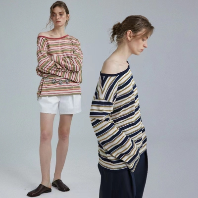 1747 斜肩条纹两穿T恤 竹节肌理感圆领宽松慵懒长袖