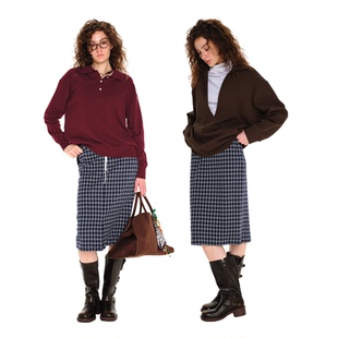 1747 复古撞色街头抽绳直筒裙子 时髦复古蓝色格纹拼接休闲半身裙