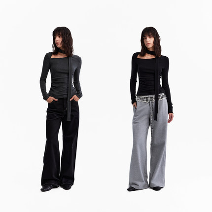 1747 时髦作家 可调节飘带特色挖领设计T恤高智感长袖