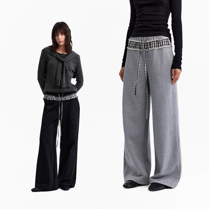1747 解构格纹撞色腰头设计 宽松直筒休闲卫裤